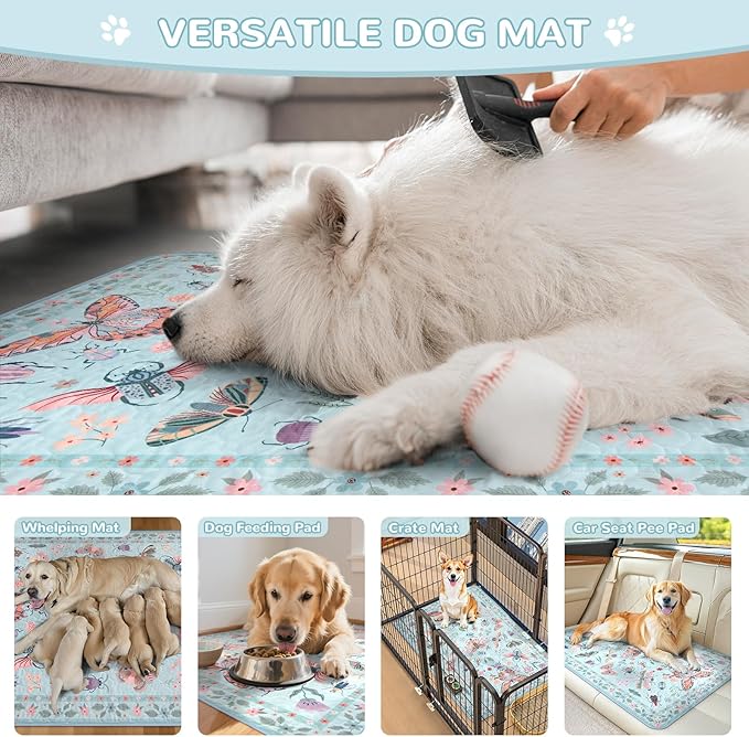 Lahome Washable Reusable Pee Pads for Dogs - Blue Butterfly & Insect Print 2 Pack Puppy Pads, Super Absorbent & Waterproof Training Mats for Crate & Floor - Leakproof with Non-Slip Backing (24"x24")