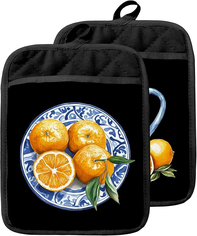 Chinoiserie Orange Fruit Pot Holders with Pockets, Blue and White Grandmillennial Oranges Fruit Oven Pot Holders Heat Resistant Oven Mitts Hot Pads for Kitchen Baking Cooking