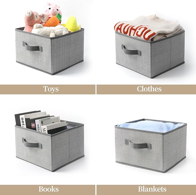EITMOW Storage Baskets, 11-Inch Woven Fabric Bins, Storage Cubes with Reinforced Handles, Organizer Bins for Closet Shelves, Foldable, for Toys, Clothes, Natural Beige (2PCS/Grey-11*11*7.8inch)