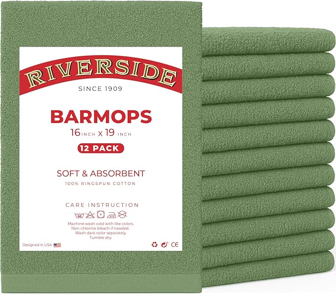 RIVERSIDE Bar Mop Towels Pack of 12, 16x19 Inches, 100% Ring Spun Cotton Terry Cloth Kitchen Towel, Highly Absorbent & Reusable Multipurpose Cleaning Rags for Bathroom, Hotel, Restaurant, Sage Green