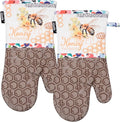 Oven Mitts, Heat Resistant with Soft Quilted Cotton Lining Set of 2, Fashion Bee Design with Silicone Printing Anti-Slip Kitchen Gloves for Safe Backing Cooking Barbecue (Khaki, Bee)