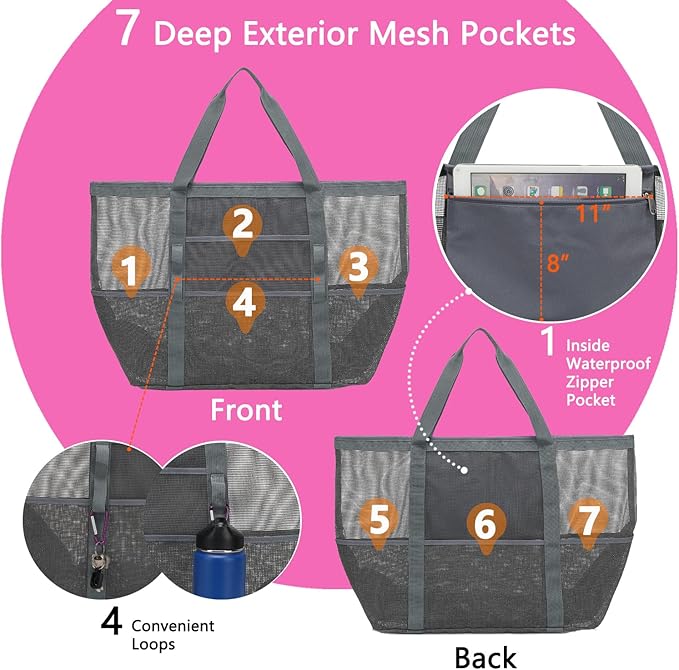 Fammart Mesh Beach Bag, Large Beach Tote with Zipper Pocket for Family Pool Bag for Toys & Vacation Essentials