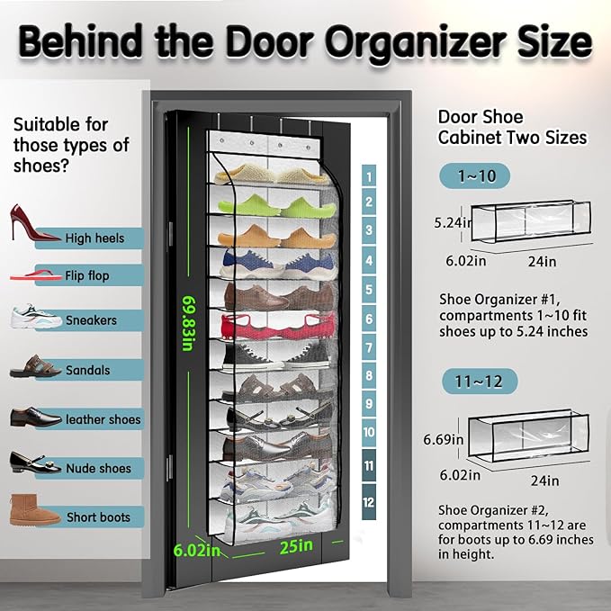 Kotkn Over The Door Shoe Organizer with 12 Large Breathable Pockets - Durable Hanging Storage for the Entire Family's Shoes - White