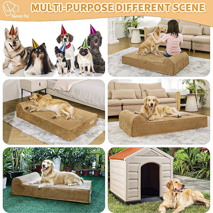 Rainmr Orthopedic Dog Beds for Large Dogs, 7" Memory Foam Dog Beds with Waterproof Liner, Durable Microsuede Cover, Removable and Washable, Nonskid Bottom, 52"x36"x7" XL Khaki