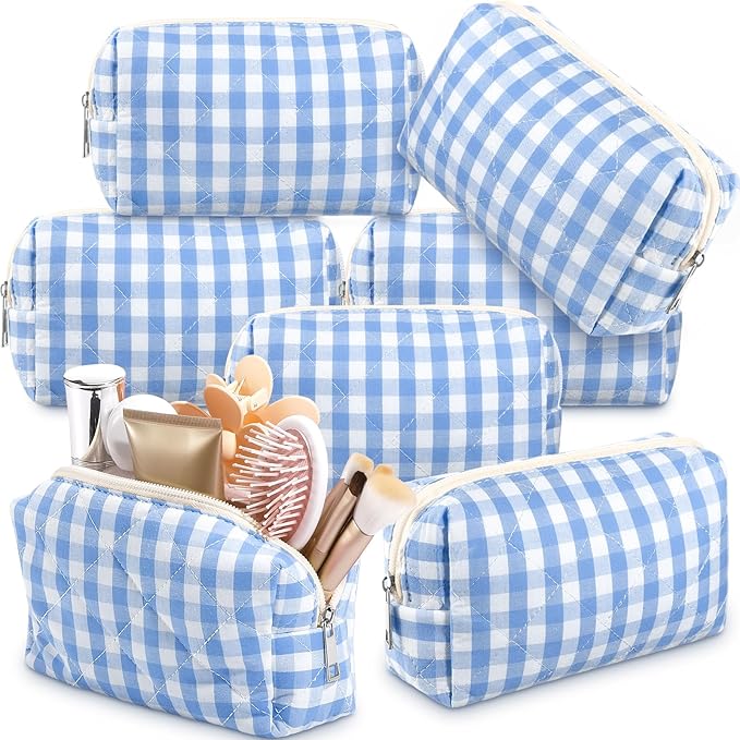 Paterr 6 Pcs Quilted Makeup Bag Bulk for Women Girls Birthday Valentine's Day Bridesmaid Gifts Cute Cotton Cosmetic Pouch Bow Floral Coquette Aesthetic Travel Toiletry Bag(Plaid,Blue)
