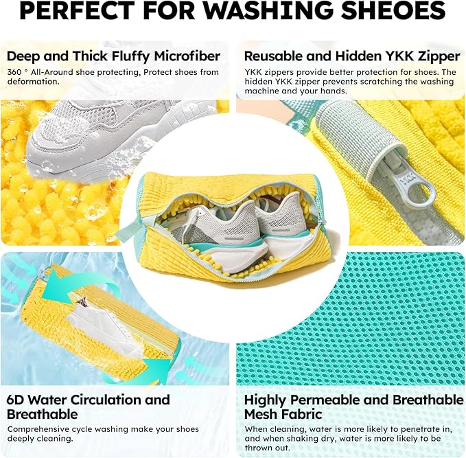 Laundry Shoe Bag Washer & Dryer: Shoe Washing Machine Bag - 3 Packs Reusable Shoe Cleaning Bag for Sneaker Tennis Shoes Unstain Cleaner Kit(Yellow 2 Pcs & 1 Pcs Dryer Bag)
