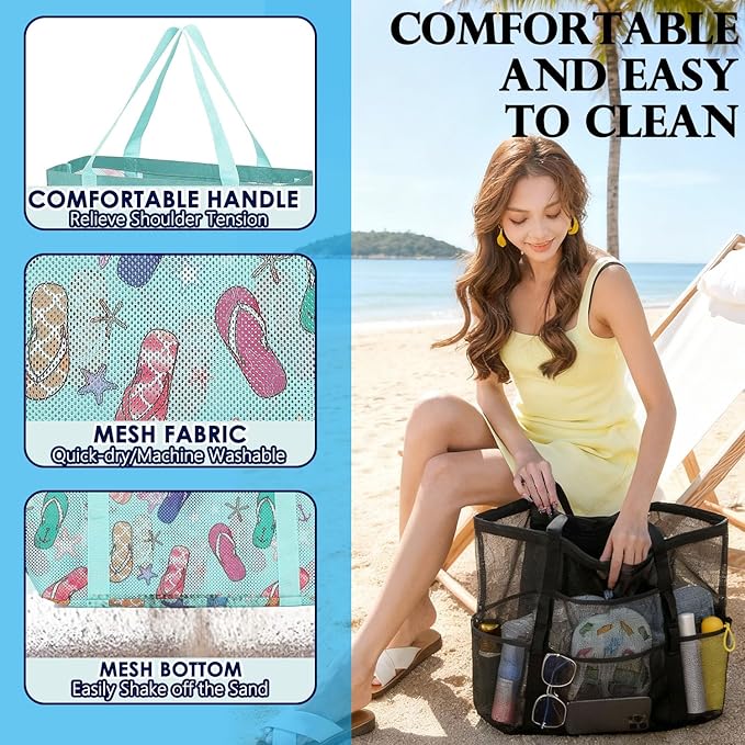 Fammart Mesh Beach Bag, Large Beach Tote with Zipper Pocket for Family Pool Bag for Toys & Vacation Essentials