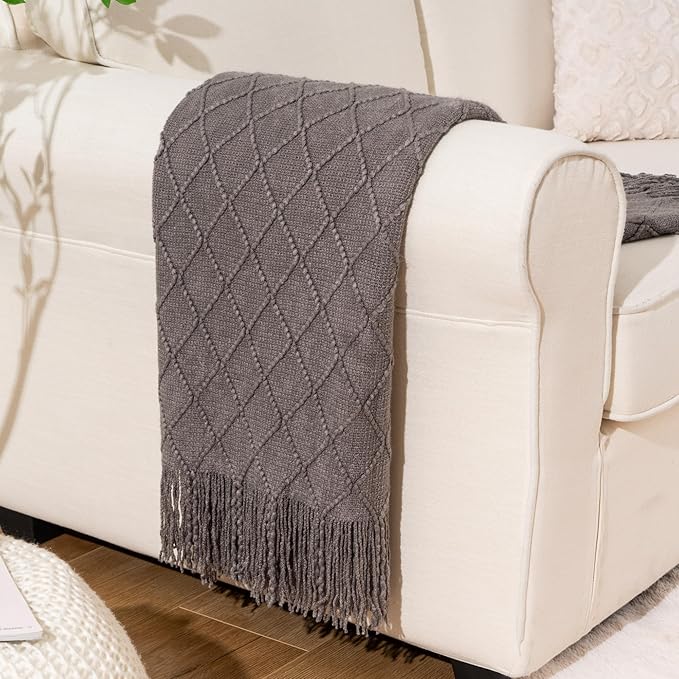 BATTILO HOME Dark Grey Throw Blanket for Couch, Solid Boho Throw Blanket for Home Decor, Bed Throws for Foot of Bed, 50"x60"