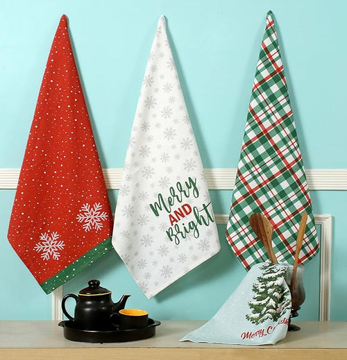 ACCENTHOME Christmas Kitchen Towels Set of 4 - Absorbent Cotton Dish Towel | Merry Christmas Printed Kitchen Linen Bar Towel | Durable Tea Towel For Table Mess & Drying Dishes - Hand Towels 20x28 inch