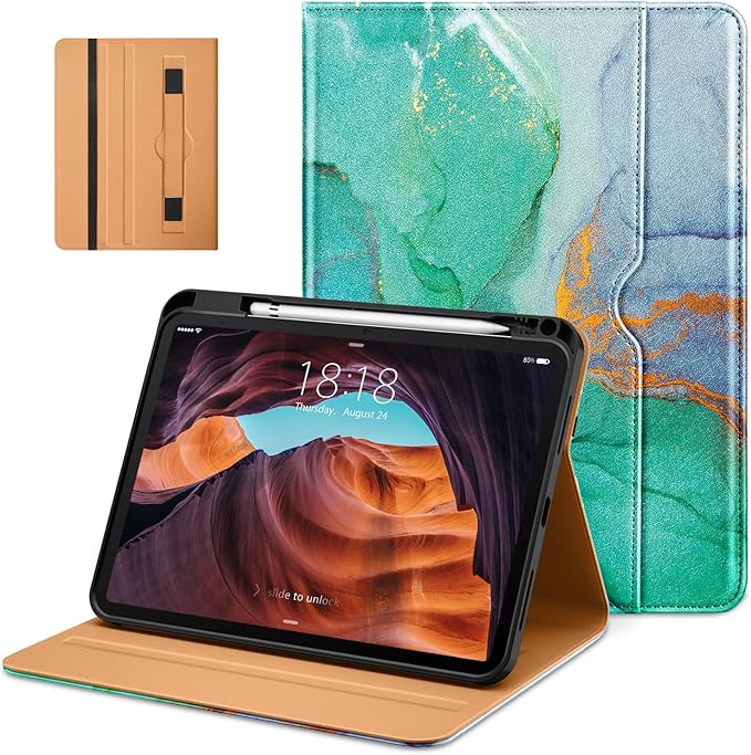 DTTO for iPad (A16) 11th Generation Case 11 Inch 2025, iPad 10th Generation Case 10.9 Inch 2022, Premium Leather Business Folio Stand Cover with Pencil Holder - Auto Wake/Sleep, Emerald Marble