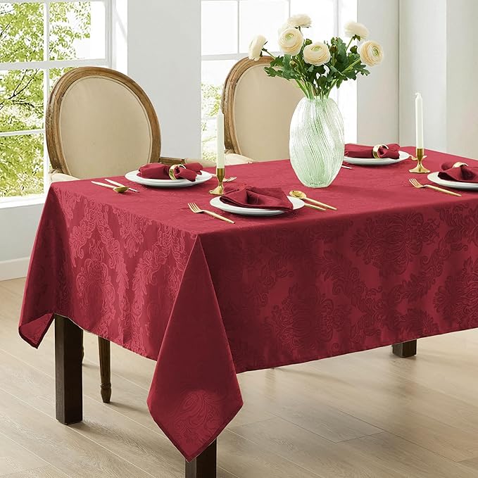 Newbridge Barcelona Damask Fabric Tablecloth, 60 x 120 Inch Rectangle, Burgundy – No Iron, Soil Resistant Table Cover for Dining, Parties and Holidays