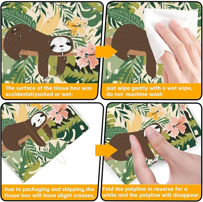 Cute Sloth Tissue Box Cover Square,Jungle Leaves Tissue Box Holder with Belt Bottom,Stylish Leather Napkin Holder for Vanity Countertop,Nightstands,Office Desk,5.2"×5.2"×5.2"