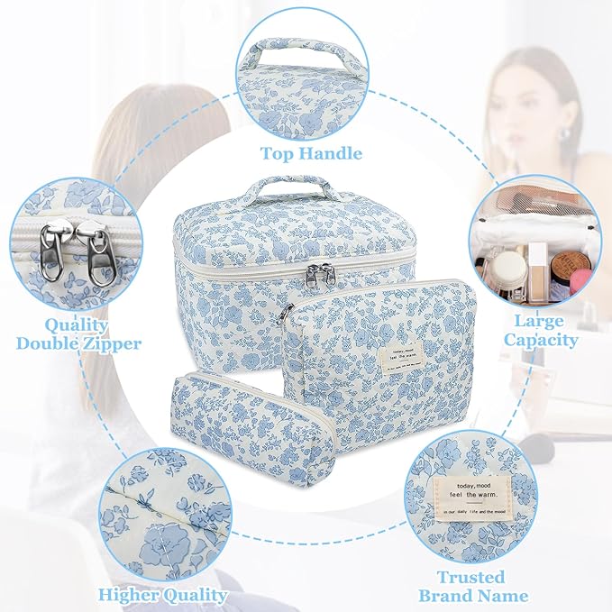 Gosect 3pc Makeup Bag Set, Quilted Makeup Bag Set, Large Floral Cosmetic Bag for Women, Cute Cotton Makeup Bags, Flower Travel Toiletry Organizer Bag (Checkered)