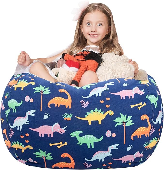 WEKAPO Stuffed Animal Storage Bean Bag Chair Cover for Kids | Stuffable Zipper Beanbag for Organizing Children Plush Toys Large Premium Cotton Canvas (Dinosaur, X-Large)
