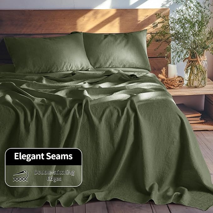 LBRO2M 100% Linen Sheet Set Twin XL Size,Bed Sheets 3 Piece Sets,Solid Color Natural Flax Bed Sheets Soft Breathable Bedding,16" Deep Pocket,All Season (Twin XL, Olive Green)