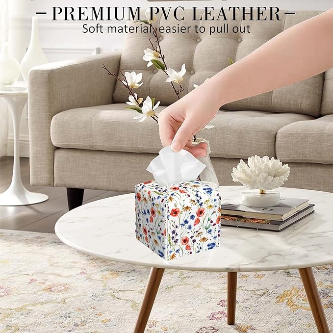 POIUBLE Watercolor Flowers Tissue Box Cover Daisy Leather Tissue Box Holder Square Facial Paper Organizer Dispenser for Bathroom Kitchen Bedroom Vanity Countertop Night Stands