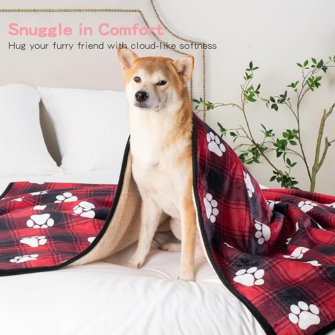 CAPT.SNOOZE Waterproof Dog Blankets Pet Blanket 50"x60", Soft Fluffy Sofa Car Bed Protector, Reversible Sherpa Fleece Dog Blanket for Large Dogs Christmas Decor(Paw Red)