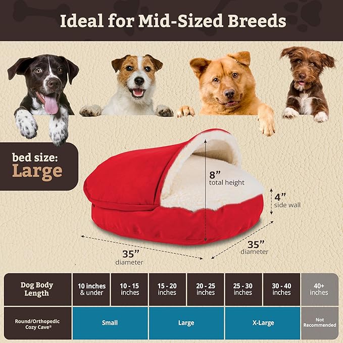 Snoozer Classic Poly-Cotton Cozy Cave Pet Bed, Large, Red.
