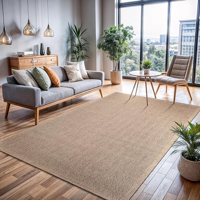 CAMILSON Easy Jute Rug 10x14, Indoor Outdoor Natural Color Fiber Area Rugs for Living Room Patio and Kitchen Rug Herringbone Woven Design Easy-Cleaning Washable Outside Carpet Alfombras 10 x 14