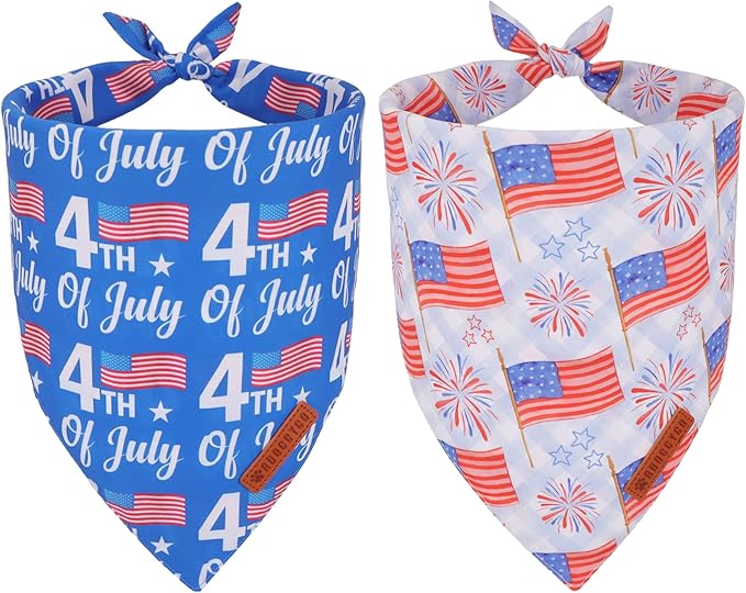 ADOGGYGO American Flag Dog Bandanas 2 Pack, Triangle Reversible Independence Day Pet Scarf Bib, Red Blue 4th of July Bandana for Medium Large Dogs (Large)