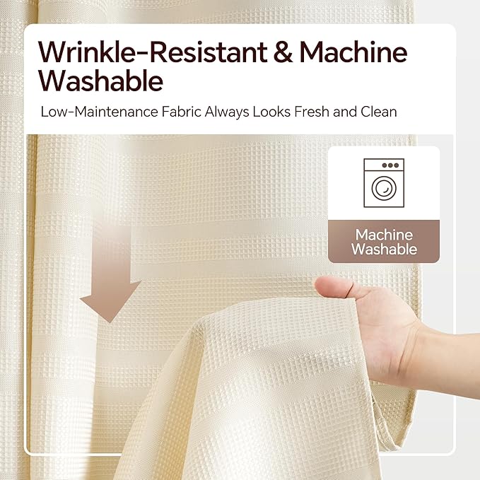 TURKIO Cream Shower Curtain Waffle Weave Shower Curtain Neutral Striped Fabric Shower Curtains for Bathroom (72Wx72H, Cream)