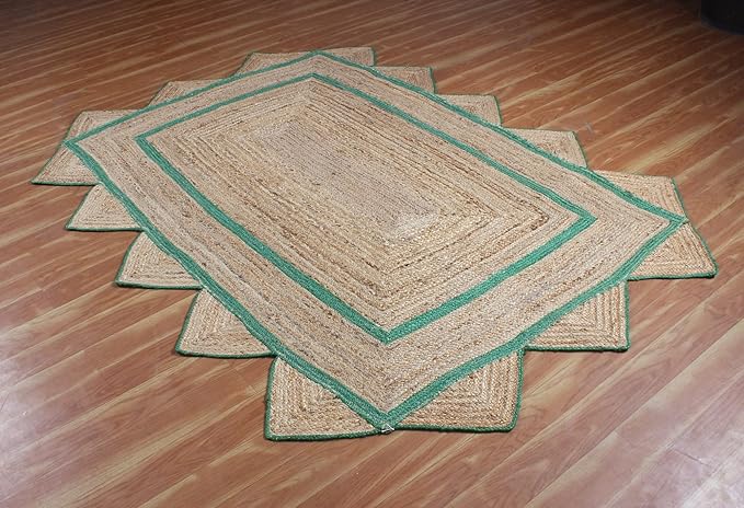 Scalloped Edge Rug, Hand Woven Natural Jute Area Rug, 10x18 Ft Beige & Green Braided Sisal Kilim Rugs for Living Room, Kitchen, Entryway, Farmhouse