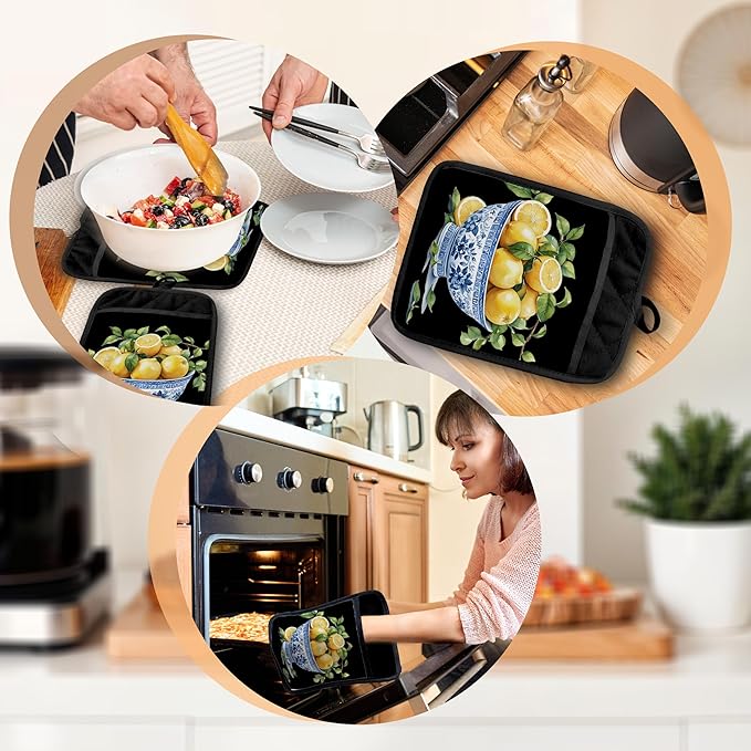 Chinoiserie Lemon Pot Holders with Pockets, Blue and White Grandmillennial Lemon Tree Oven Pot Holders Heat Resistant Oven Mitts Hot Pads for Kitchen Baking Cooking