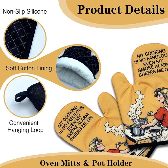 2 Pack Funny Oven Mitts for Women, My Cooking is So Fabulous Even My Smoke Alarm Cheers Me On, Retro Housewife Heat Resistant Kitchen Mitts, Humorous Cooking Gifts for Mom Wife Chef Friend