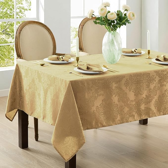 Newbridge Barcelona Damask Fabric Tablecloth, 52 x 52 Inch Square, Gold – No Iron, Soil Resistant Table Cover for Dining, Parties and Holidays