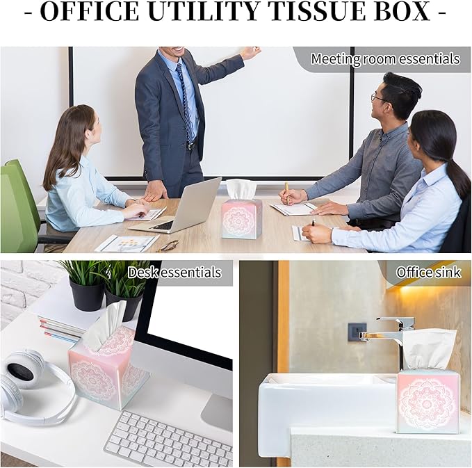 Pink Boho Mandala Flower Tissue Box Cover Square,Abstract Mandala Floral Tissue Box Holder Waterproof Leather Facial Paper Organizer Dispenser for Bathroom Home Car Nightstand Vanity Desk