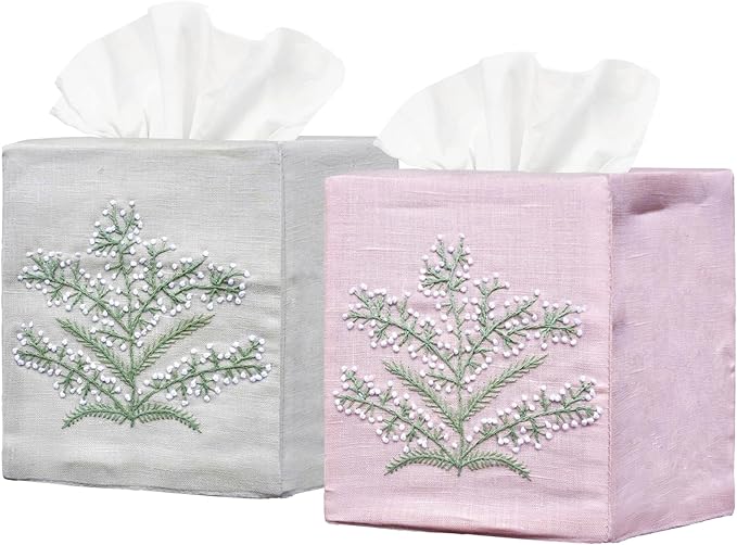 EmbroideryLinen.VN Tissue Box Cover Set of 2, Square Linen Tissue Holder, French Knot Hand Embroidered Floral Design, 4.5x4.5x5.5 Inches, Decorative for Bathroom, Living Room, Office (Grey & Pink)