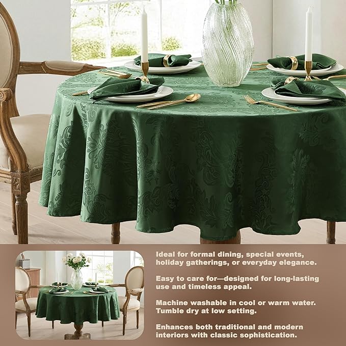 Newbridge Barcelona Damask Fabric Tablecloth, 70 Inch Round, Hunter Green – No Iron, Soil Resistant Table Cover for Dining, Parties and Holidays