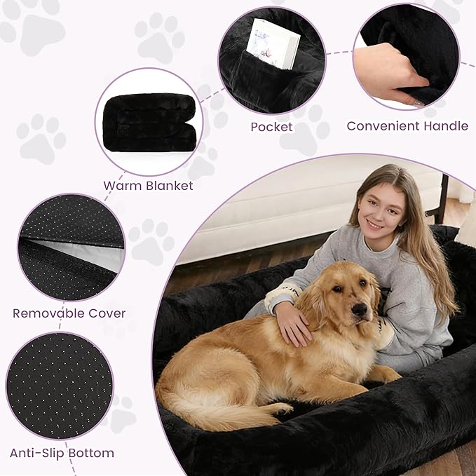 Murago Human Dog Bed for Adults, 43 x 10 x 71 Long Human Size Dog Bed, Removable Cover, Orthopedic Design, Black