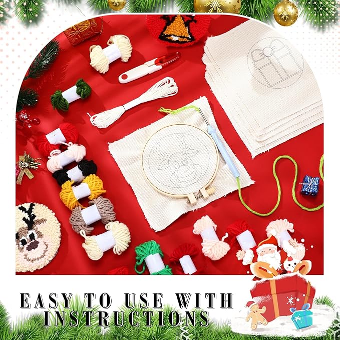 Yaomiao 6 Pcs Christmas Punch Needle Coaster Kit Punch Needle Embroidery Kits Craft Supplies with Patterns Yarns Tools Adhesive Felt Embroidery Hoop Instruction Holder for Adult DIY