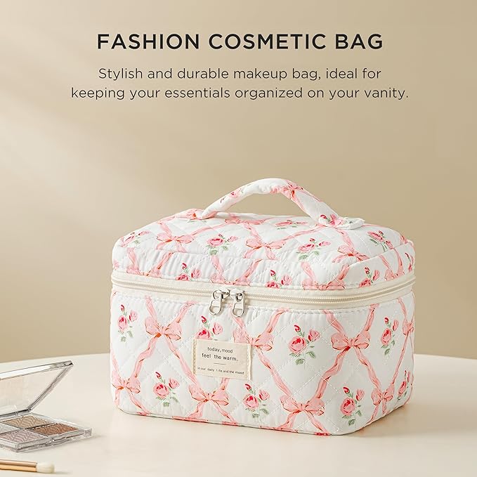 HBselect Christmas Gifts Large Quilted Makeup Bag, Cute Cotton Travel Makeup Bag with Handle, Portable Coquette Floral Make up Bags, Toiletry Organizer Make up Bags for Women Teen Girls Mom