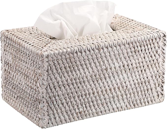Sumnacon Tissue Box Cover Large Rectangle Tissue Box Rattan Tissue Box Holder,Wicker Decorative Tissue Holder for Bathroom Toilet Living Room Kitchen Office Table Desk,Whitewash