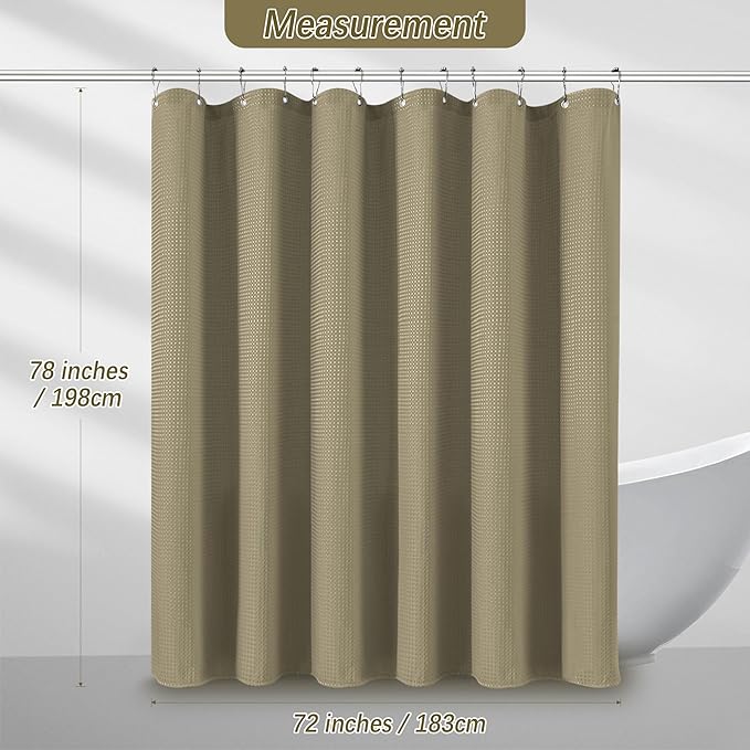 PANGSINNE Shower Curtain Taupe Waffle Textured, 256GSM Heavy Duty Weighted Fabric Shower Curtains, Hotel Quality Luxury Polyester Water Repellent Bathroom Curtain with 12 Hooks, 72Wx78H