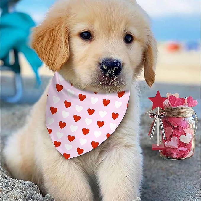 Valentine's Day Dog Bandana Reversible 2 Pack Small, Valentine Day Pet Bandanas for Dogs Pink Heart Adjustable Triangle Holiday Scarves for Small Medium Boy Girl Dogs