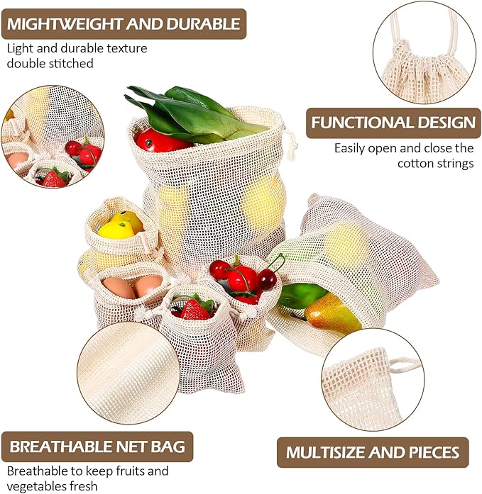 Dimeho 28 Pack Reusable Produce Bags, Mesh Vegetable Bags Washable Cotton Grocery Produce Bag with Drawstring for Vegetable Shopping Transporting Storing Farmers Market Beach