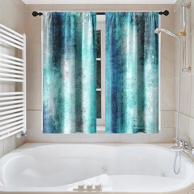 Culudea Turquoise Teal Grey Gray Waffle Textured Cloth Shower Curtain Set, Painting Abstract Modern Art Bathroom Window Waterproof Shower Curtains for Bathroom Decor