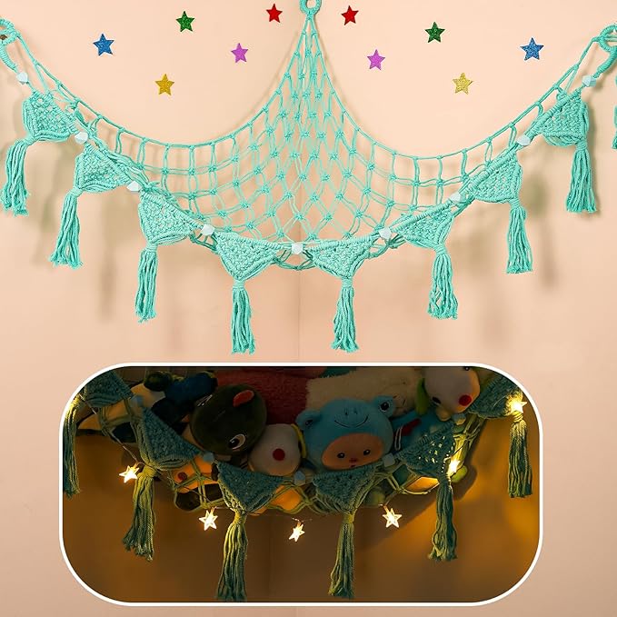 iHansee Stuffed Animal Storage Hammock Corner, 56'' Jumbo Boho Macrame Tassel Toy Holder Wall Mounted, Hanging Net Organizer for Nursery Decor, Aqua Plush Toy Net with Star Light for Boys Girls Gift