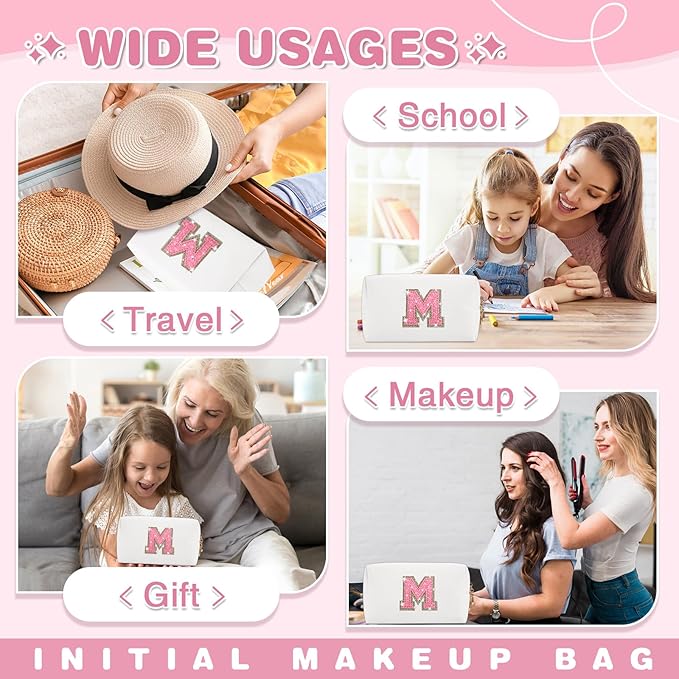 Small Initial Patch Makeup Bag Personalized Gifts Make Up Bag,White Cute PU Leather Glitter Letter Cosmetic Bag with Zipper,Trendy Portable Travel Toiletry Pouch,Preppy Stuff for Teen Girls Women M