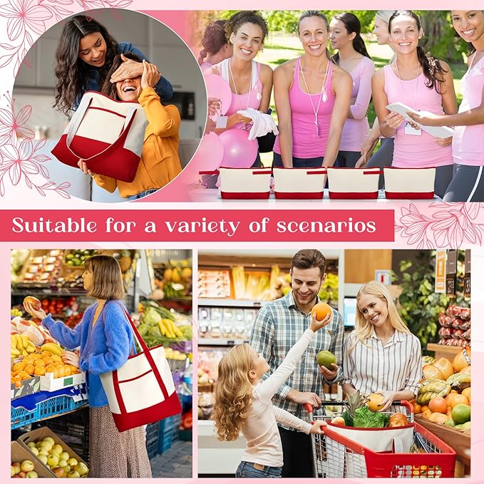 Sanwuta Canvas Tote Bags Bulk with Outer Pocket and Makeup Pouch 18'' Reusable Grocery Bags with Handles for Women Beach DIY