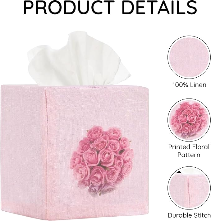 EmbroideryLinen.VN Tissue Box Cover Set of 2, Square Linen Tissue Holder, Printed Floral Design, 4.5x4.5x5.5 Inches, Decorative Holder for Bathroom, Living Room, Office (Rose)