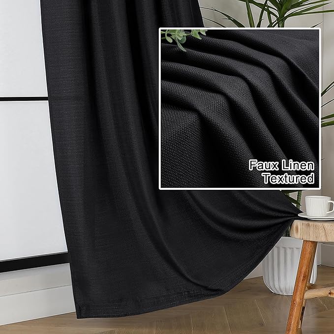 Lecloud Bessie Black Curtains 84 Inches Long 2 Panels, Faux Linen Textured Light Filtering Curtains, Airy & Privacy Burlap Drapes for Living Room Dining Room Bedroom, Each 40 W x 84 L
