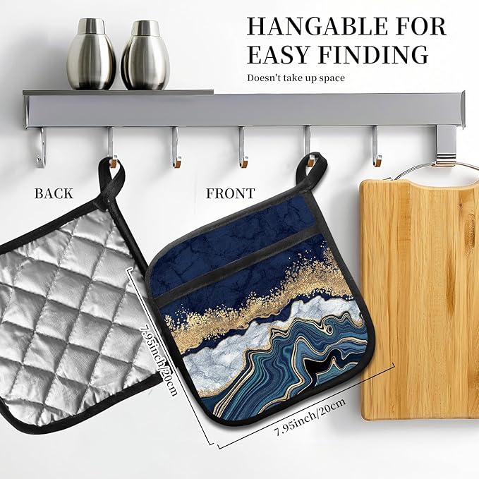 2 Pack Pot Holders for Kitchen Clearance, Cute Hot Pads, Funny Oven Pot Holders, Potholders Sets for Kitchen Heat Resistant Luxury Blue Marble