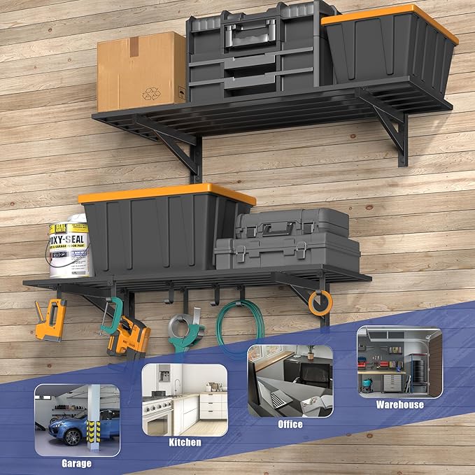 Jusgym 2-Pack 1.5x4ft Garage Shelving Wall Mounted, 1.5' x 4' Heavy Duty Garage Storage Shelves with Hooks, 400LB Capacity