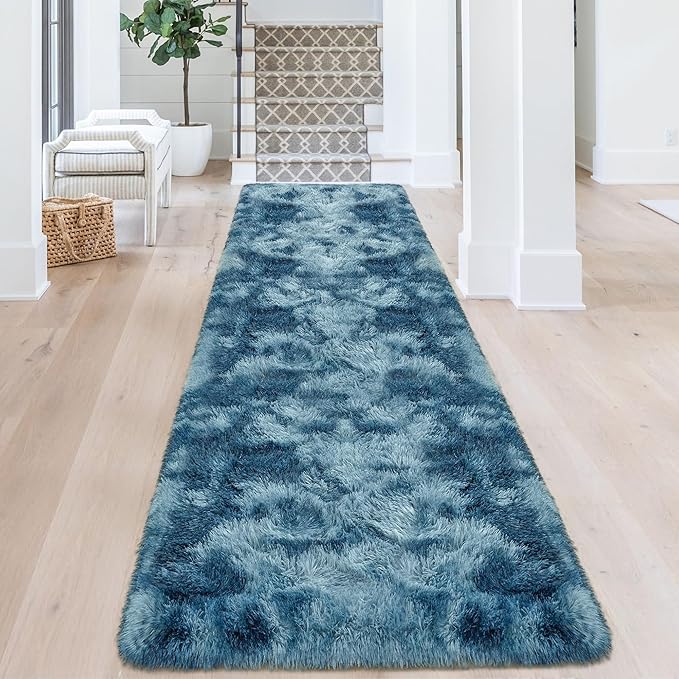 3x10ft Plush High Pile Blue Tie-Dyed Rug Fluffy Soft Runner Bedside Rug for Bedroom Living Room Hallway Nursery Kids Home Decor Shag Carpet