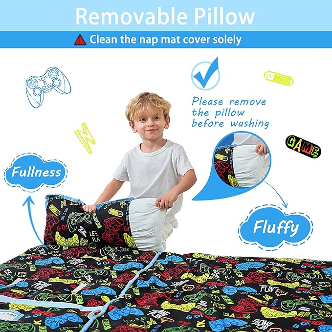 Lasoftan Toddler Nap Mat with Pillow and Blanket, Extra Large Rolled Napping Mats,Slumber Bags for Boys Girls,Kids Sleeping Bag for Daycare, Preschool Travel Camping