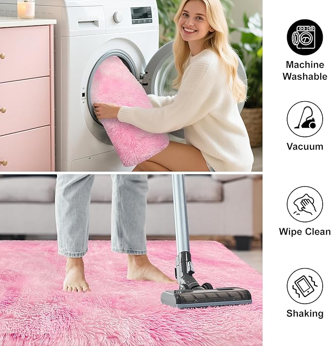 2x8 Pink Fuzzy Rug Runner for Bedroom Girls, Pink Shag Rug for Girls Room Bedside Living Room Hallway Plush Fuffy Carpet Runner for Kids Room Nursery Home